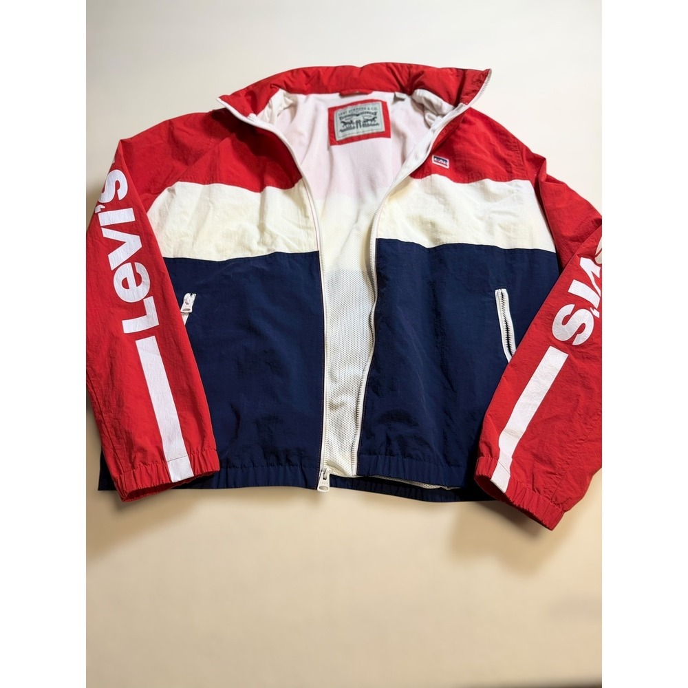 Levis Windbreaker Jacket Mens XL Colorblock Water Resistant Zip Hidden Hood